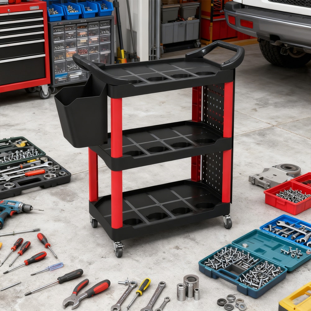 3-tier Rolling Utility Cart With Storage Bucket And Side Shelf_voghion.com